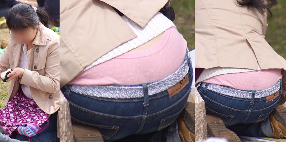ムチムチしたカラダの奥様はジーンズの腰から大き目フルバックのパンティーをガッツリと覗かせてくれる!!