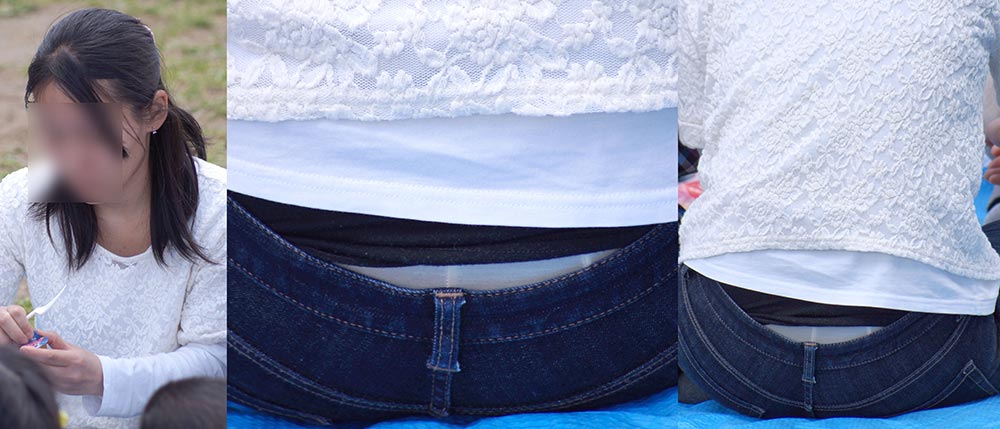 真面目で優しそうな可愛い奥様はジーンズの腰からクリーム色の蒸れたガードルショーツを覗かせてくれる!!