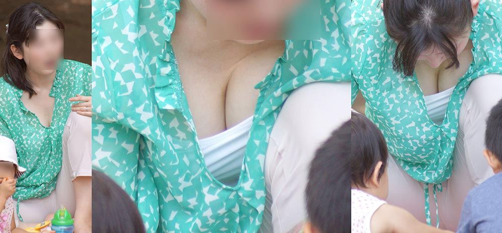 可愛い若ママさんは胸元からこぼれそうなまん丸の爆乳をガッツリと覗かせてくれる!!