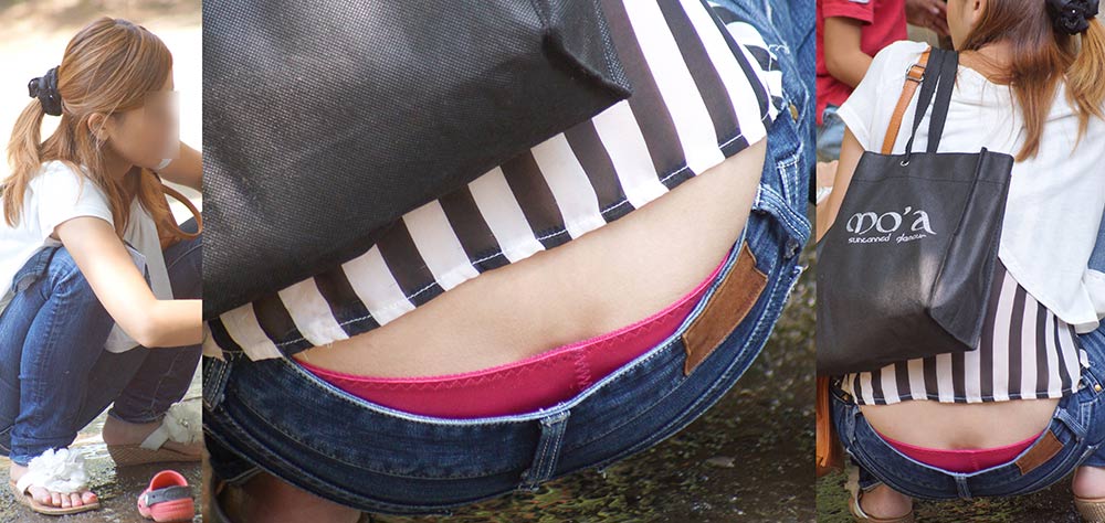 美形ギャルママさんはジーンズの腰から蒸れた光沢のピンクパンティーをチラチラと覗かせてくれる!!