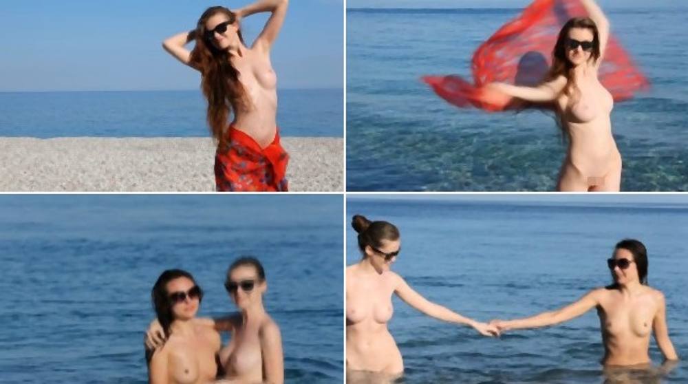 グラサン姿の洗練された美しさを誇る白人美女二人がビーチにて楽しそうに全裸姿で海水浴♪