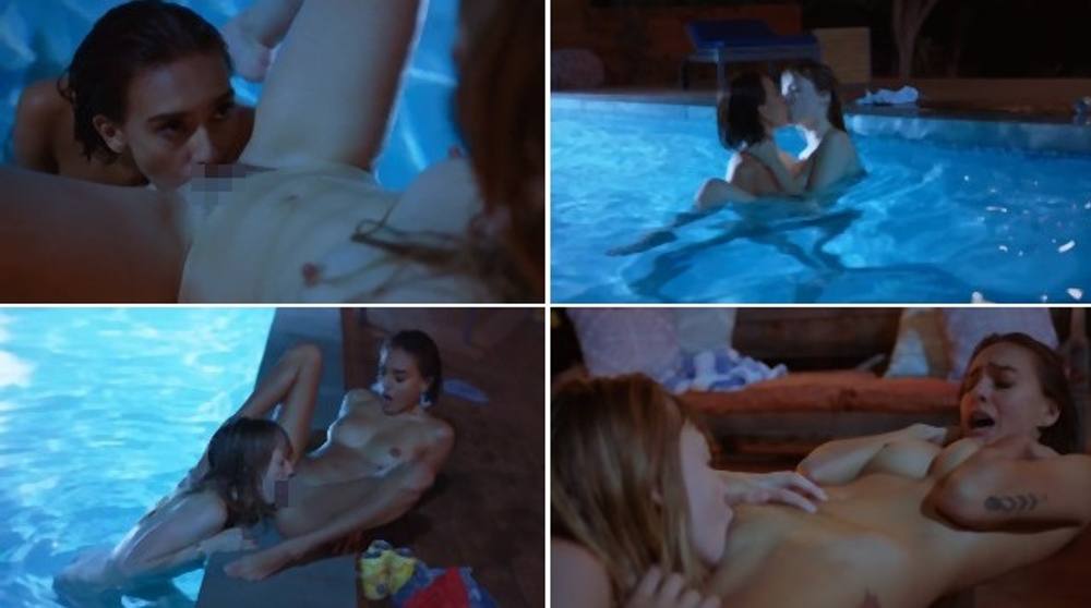 真夜中の屋外プールにて白人系美女とスパニッシュ系美女が互いの性器を弄ったりディープキスしたりする見応えが凄いレズ動画！