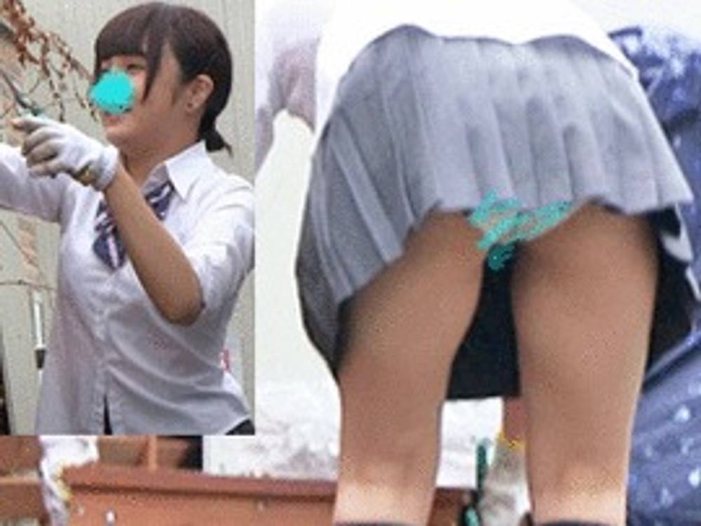 台風接近中　お掃除女子校生　スカート危険ですよ！