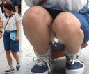 Crotch of denim skirt steamed by cute sister with small body