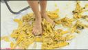 Food Crush cakes, bananas. Kiwi, trampling tangerines with pantyhose and bare feet