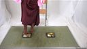 Mass Food Crush Woman in kimono steps on lunch box and egg with long boots