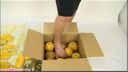 Food Crush cakes, bananas. Kiwi, trampling tangerines with pantyhose and bare feet