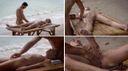 波打ち際の砂浜にお手製のベッドを据え付け全裸姿の男性マッサージ師が全裸のショートヘアーの金髪美女をオイルマッサージ！
