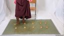 Mass Food Crush Woman in kimono steps on lunch box and egg with long boots