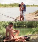 川で釣りをしている彼氏に近寄っていき自然に溶け込むように野外露出セックスしちゃう欧米系美男美女カップル