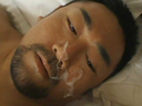 Pure white semen on Gachikuma's chest hair and face