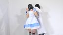Blindfolded fetish girl in maid costume tries to take off with a mask