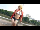 Panchira from the gap in cosplayer's denim shorts. Raw bread