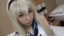 Blonde girl in cosplay ascends to heaven with an ahe face
