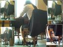Observing Riksu OL relaxing while taking off his shoes in a café from behind