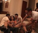 Erotic Latino beauty is poked by many cocks during foursome sex during a drinking party at home