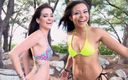 Two erotic foreign beauties come to the mountains for a picnic and have a naughty bikini beach party