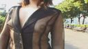 [Perverted Exposed Wife] Crosses a pedestrian crossing with many cars with her nipples exposed in a see-through shirt. Furthermore, large open legs masturbation in front of a lying father