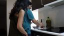 A B-grade Chinese girl entices a gentle long-haired boyfriend of Middle Eastern descent and inserts and as if to show off her rear fullness in the kitchen.
