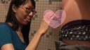 Glasses girl in multipurpose toilet gives vacuum