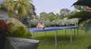 Gonzo sex outdoors in open with a shaved foreign beauty who was playing on the trampoline