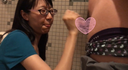 Glasses girl in multipurpose toilet gives vacuum