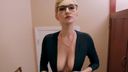 A noble short-haired colossal breasts beauty wearing big black glasses is immersed in an act that is too lewd with a bearded man in the restroom of a restaurant.