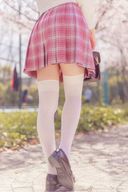 Red-haired slender beauty with pink skirt and absolute area in cherry blossom season