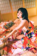 Beautiful girl like a Japan doll with gorgeous kimono and lustrous skin