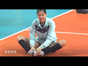 Cute volleyball player stretching with playful eyes