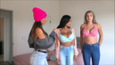 Try-on and competition of bras for ★ three American college girls.
