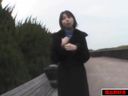 Outdoor training! Big mature woman exposes in the park in a naked coat is fingered and cums