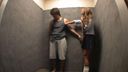 Looking for a man in the elevator, two schoolgirls teasing their dicks and riding SEX