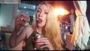 Perverted beautiful transsexual masturbating in an open café