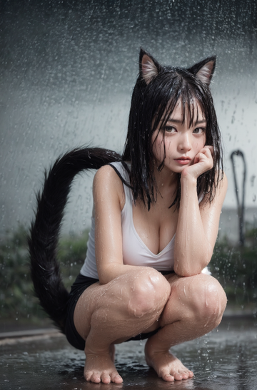 雨の中で捨てられた擬人化の猫*ヌード AI photo album