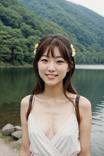 AI美女「湖のキャンプ場での撮影」