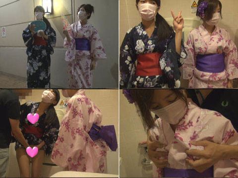 【個人撮影】夏休みおバカあやちゃんみきちゃん！浴衣でトイレでバックからハメ中出し映像