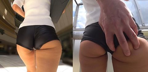 【美脚お*さんの街歩き】☆短パンからこぼれた、はみ尻肉！