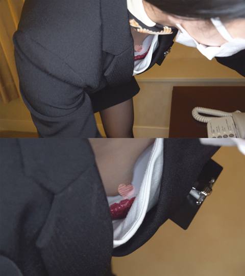 【ホテルウーマン】ガッツリ尖った乳首が見えた黒ストお*さん。