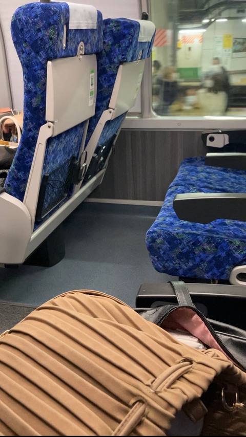 〈自撮り〉電車の中で斜め前には女の人がいるのに姿で紐パン外してディルド使ってオナニーしちゃいました、、ドキドキして凄く気持ちよかったです、、