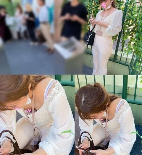 【タバコ中のOLさん胸チラ*】2名分2Fの美人受付嬢の色白なエロパイが丸見え！！
