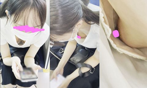 [電車胸チラ]美人JDに粘着撮影したら乳首とパンティーの撮影に成功!!