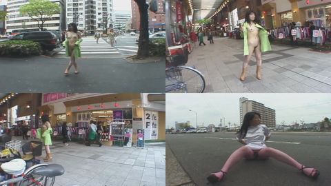 【超過激露出】〈変態M妻〉大通りで全裸露出させ羞恥心全開で脳イキ！昼間の路上で人に見られながら座り込みオナニーで激イキ！商店街で危険な全裸露出！！